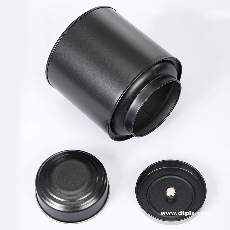 Round Black Metal Tea Canister with Double Lid Airtight Tin Can for Tea Packaging Storage Tea Tins With Inner Lid