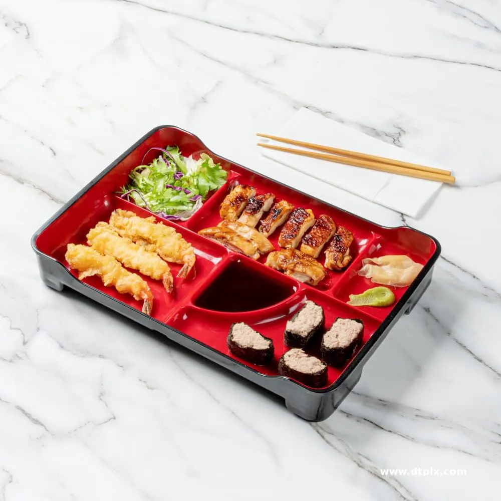 ABS Bento Box 14 X 9.1 X 2 Inch Compartment Lunch Plates Japanese Style Adult Lunch Plate With 5 Compartments Reusable Plate