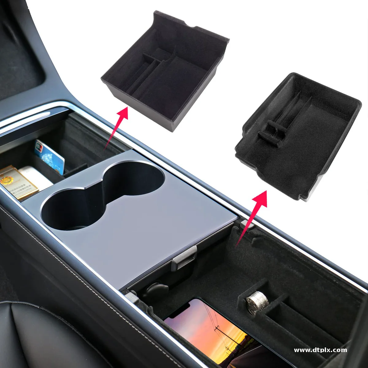 Center Console Organizer Tray for 2021-2022 Tesla Model 3/Y Flocked Armrest Drawer Storage Box Interior Accessories