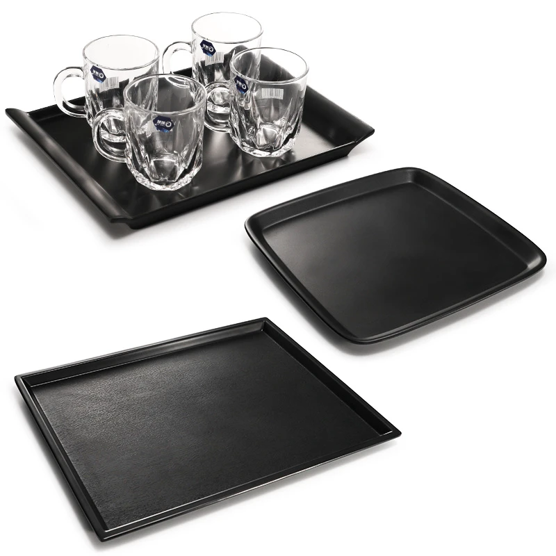 High Quality Tableware Black Melamine Serving Tray Kettle Tea Coffee Cup Holder Tray Pizza Serving Tray for Hotel